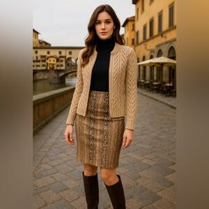 Elegant Brown Snake Print Skirt and Brown Cardigan